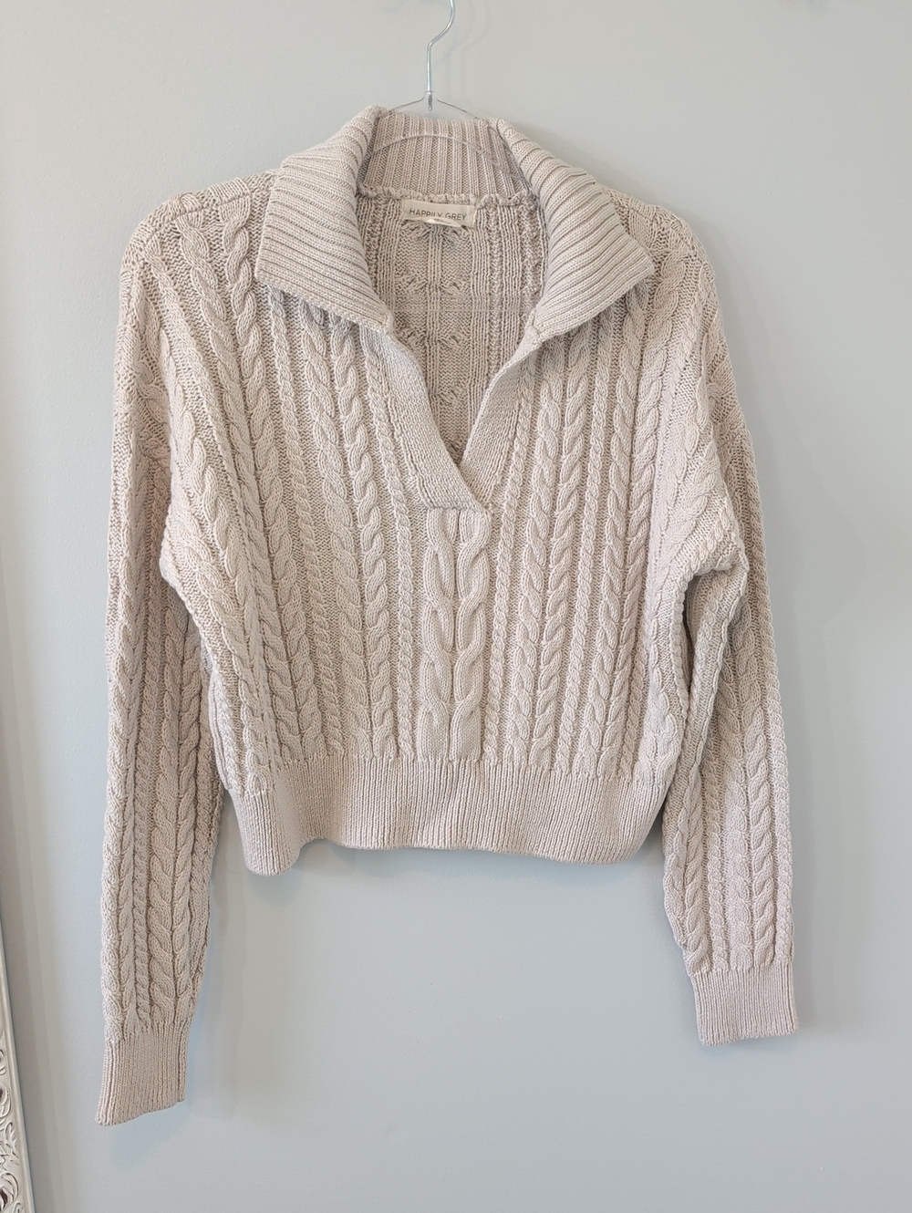 Cropped Cable Knit Collared V-Neck Fisherman Sweater L Happily Grey